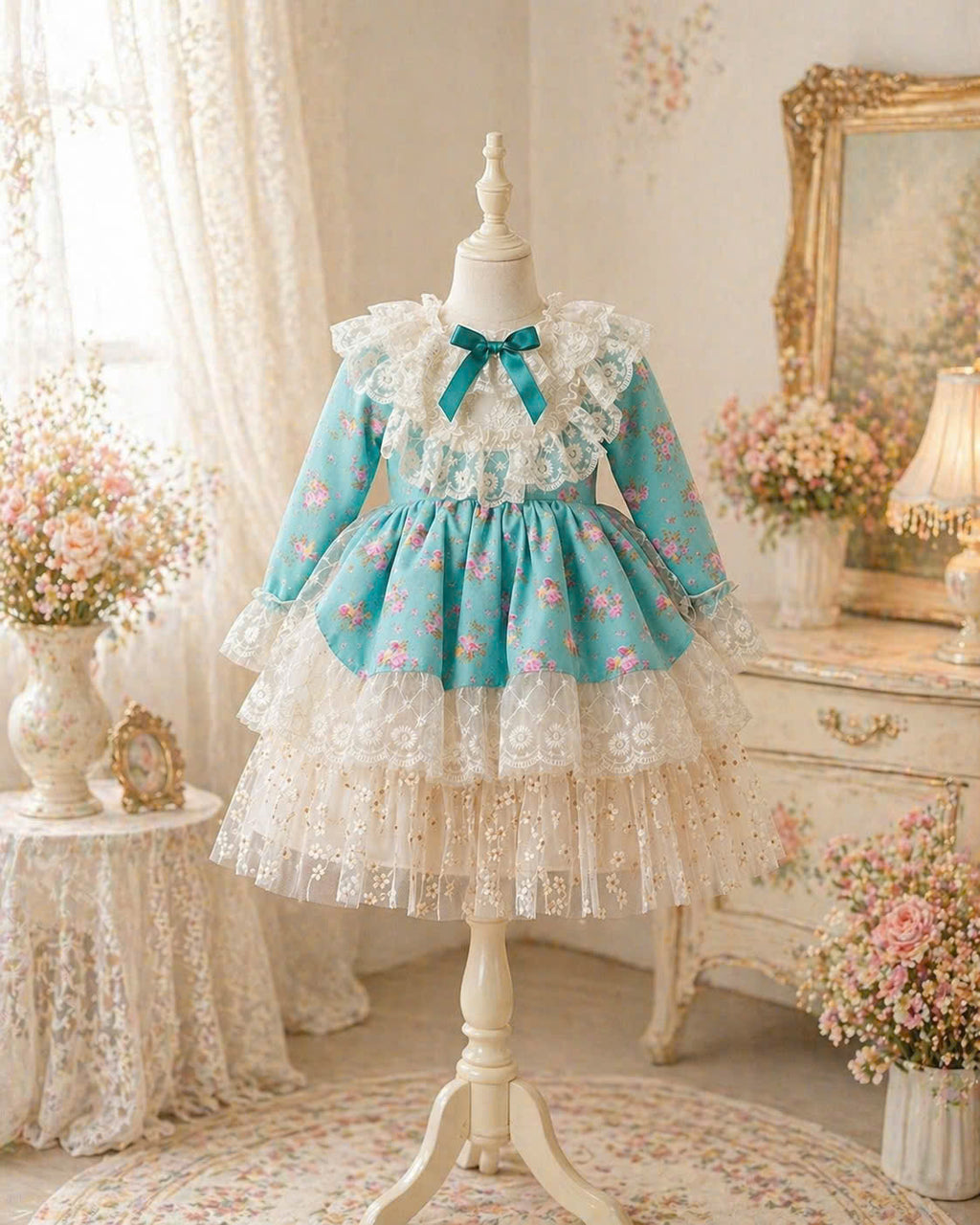 Teal Floral Lace Princess Dress 1–6Y | Long Sleeve Cotton Dress | Autumn & Winter Occasion Outfit