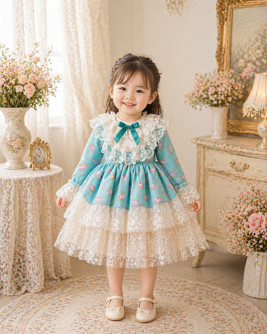 Teal Floral Lace Princess Dress 1–6Y | Long Sleeve Cotton Dress | Autumn & Winter Occasion Outfit