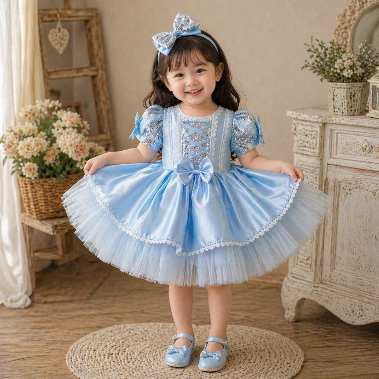 Cinderella Inspired Girl Dress (1–6Y) | Blue Princess Tulle Dress | Fairytale Birthday Party Outfit | Classic Princess Dress for Girls