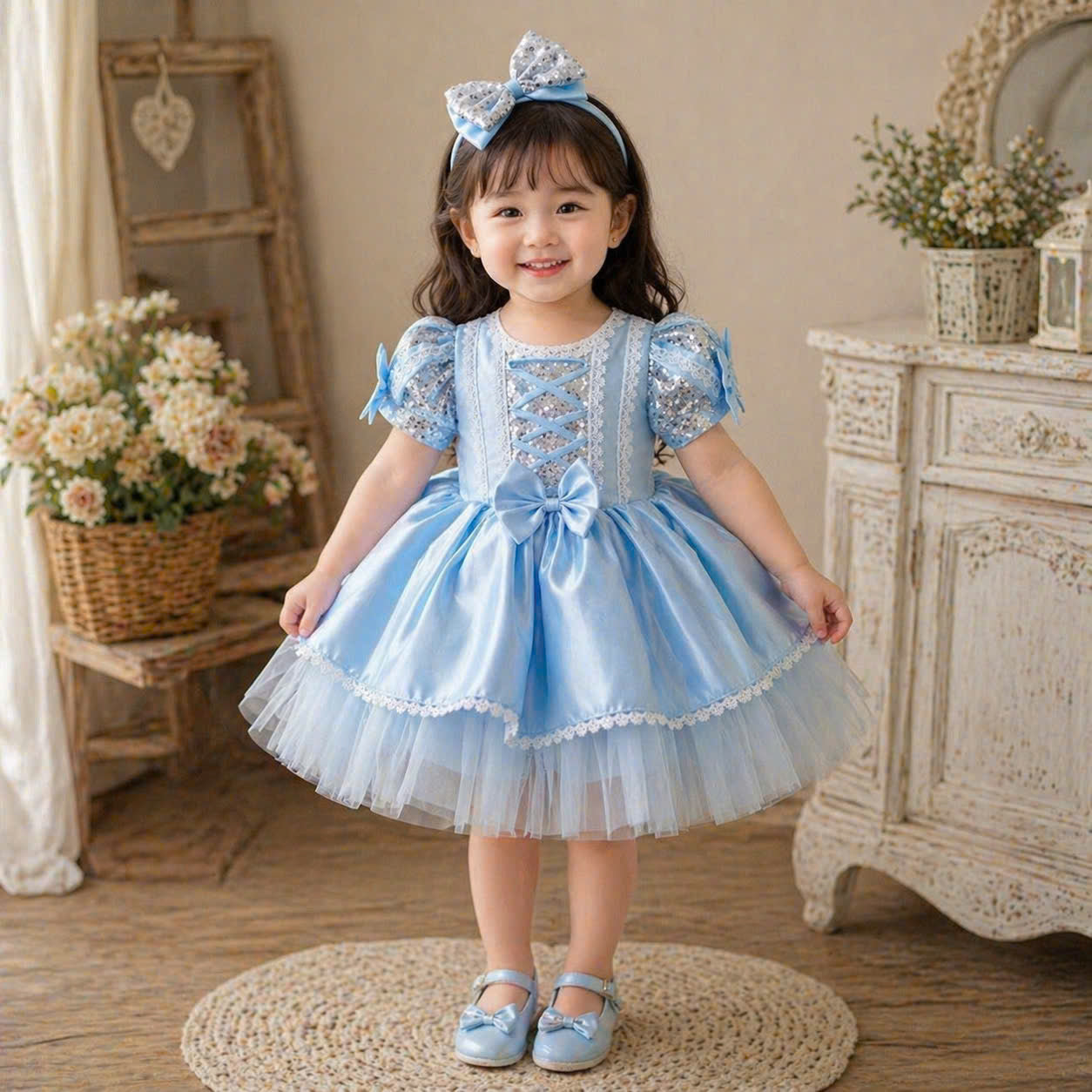Cinderella Inspired Girl Dress (1–6Y) | Blue Princess Tulle Dress | Fairytale Birthday Party Outfit | Classic Princess Dress for Girls