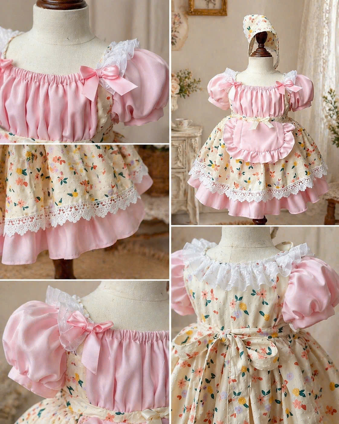 Cinderella Cottage Dress Set 3M–3Y | Vintage Lace Apron Baby Dress with Bonnet | Photoshoot & Party Outfit
