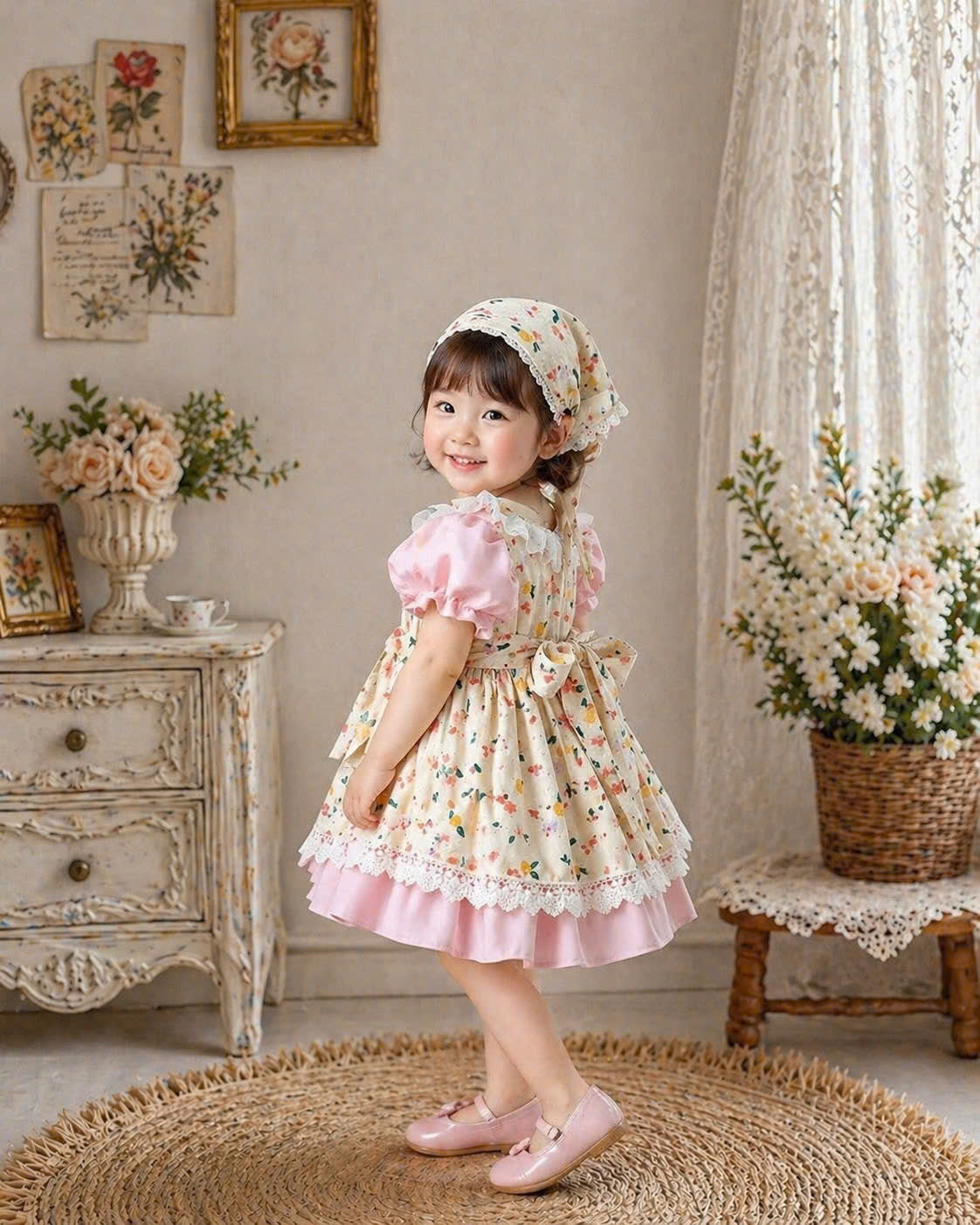 Cinderella Cottage Dress Set 3M–3Y | Vintage Lace Apron Baby Dress with Bonnet | Photoshoot & Party Outfit