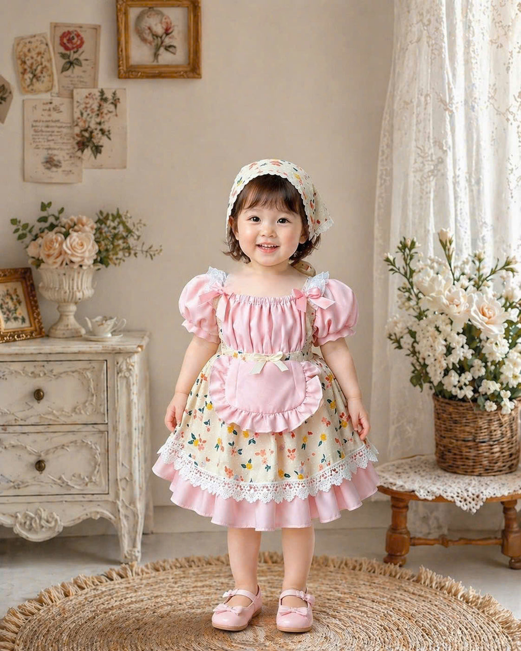 Cinderella Cottage Dress Set 3M–3Y | Vintage Lace Apron Baby Dress with Bonnet | Photoshoot & Party Outfit