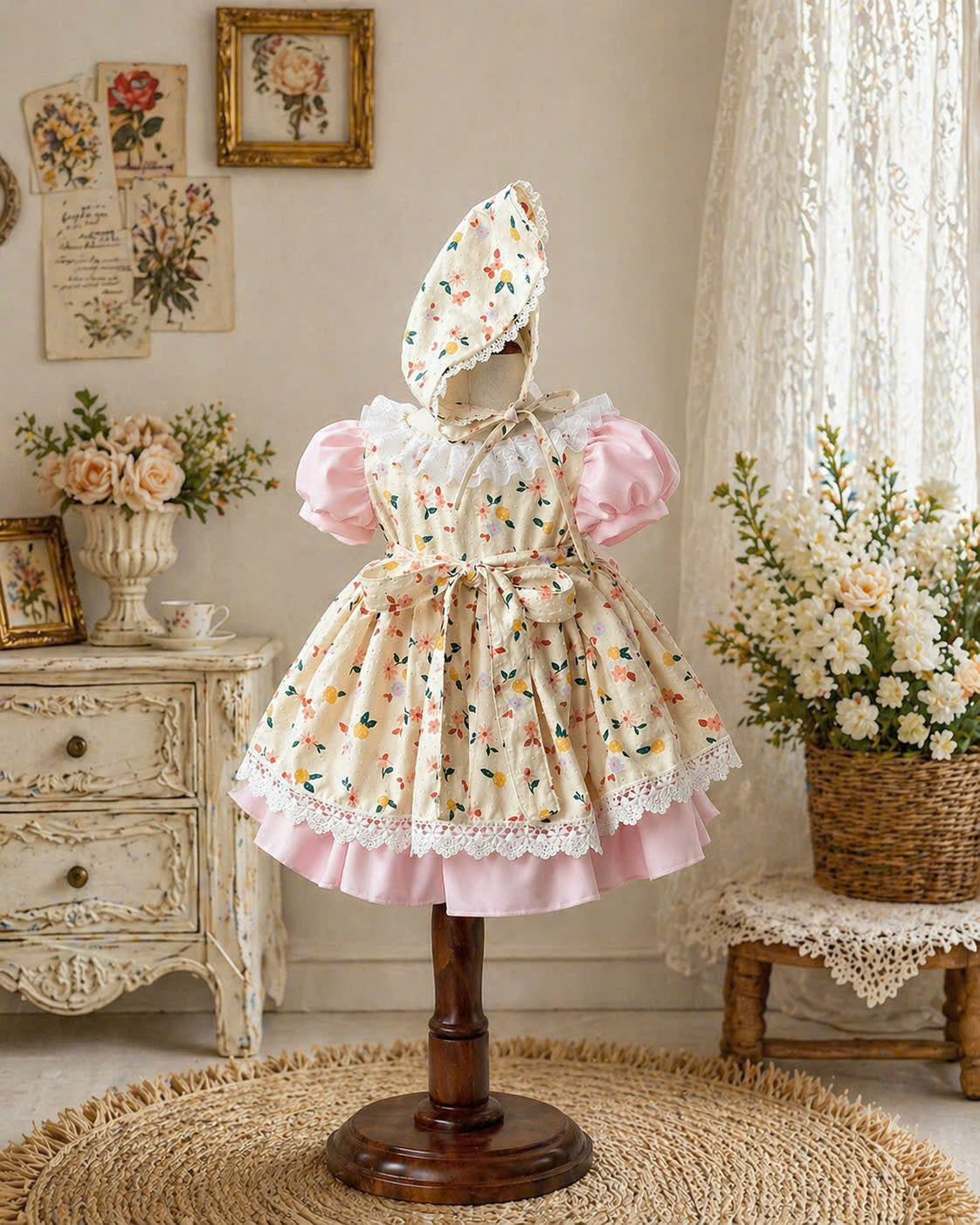 Cinderella Cottage Dress Set 3M–3Y | Vintage Lace Apron Baby Dress with Bonnet | Photoshoot & Party Outfit
