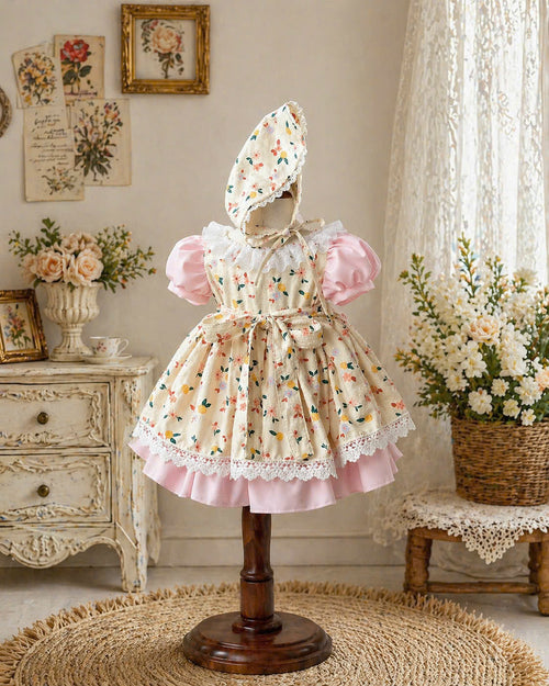 Cinderella Cottage Dress Set 3M–3Y | Vintage Lace Apron Baby Dress with Bonnet | Photoshoot & Party Outfit