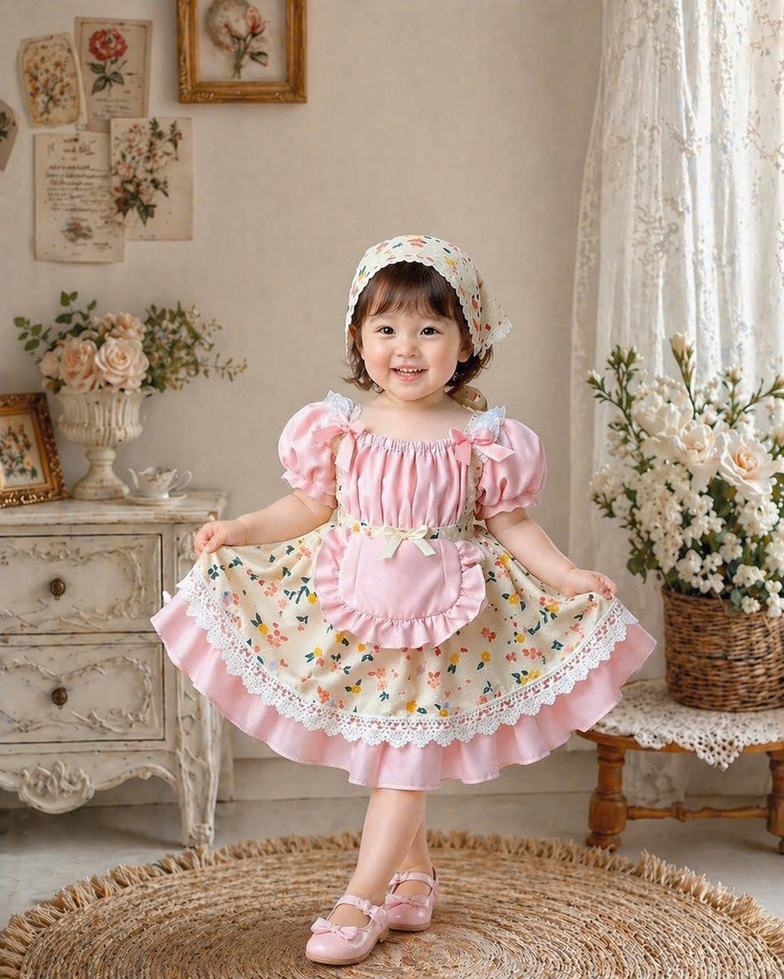 Cinderella Cottage Dress Set 3M–3Y | Vintage Lace Apron Baby Dress with Bonnet | Photoshoot & Party Outfit