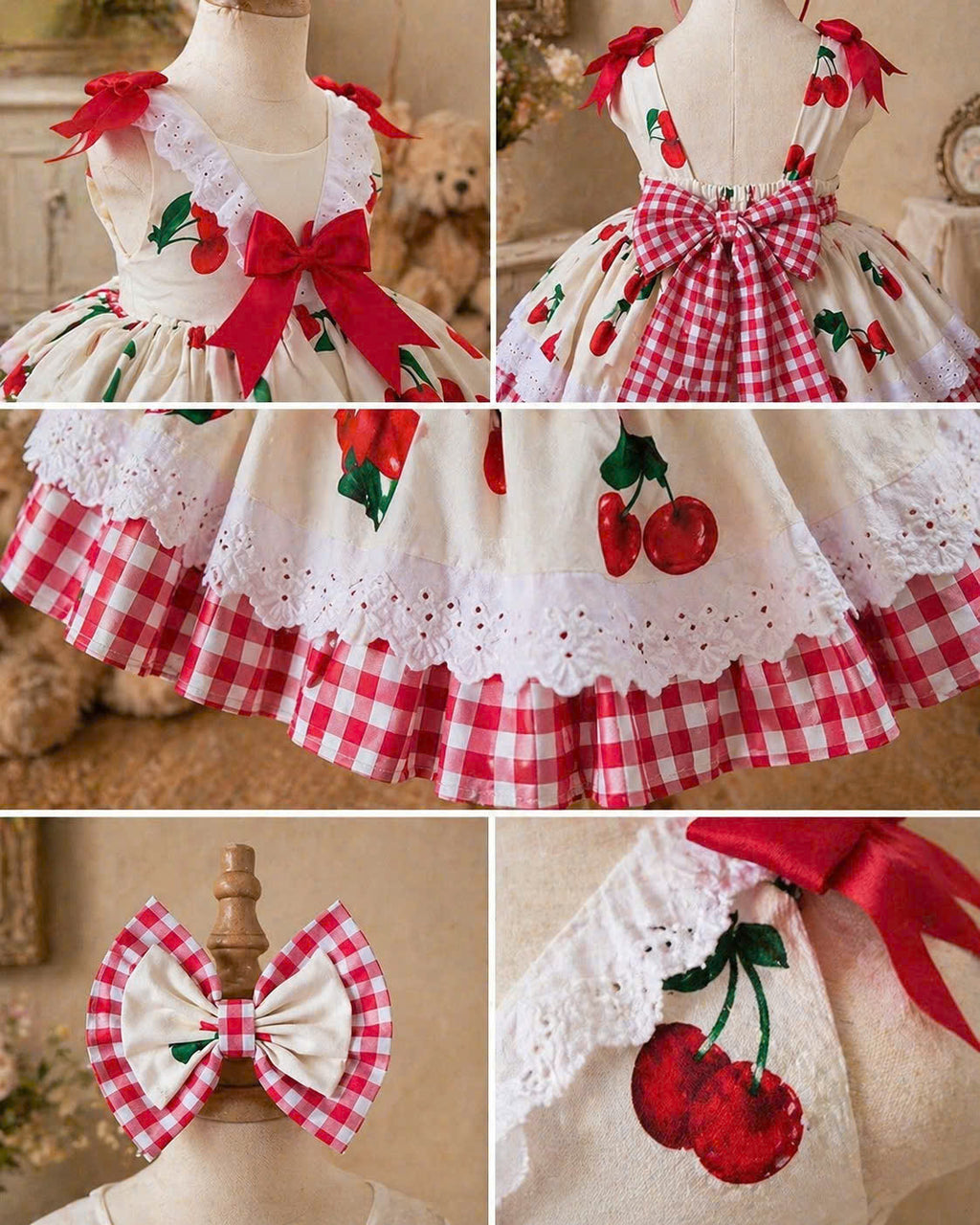 Cherry Blossom Lolita Dress 3M-5Y | Cherry Gingham Lace Baby Dress | Photoshoot & Party Outfit