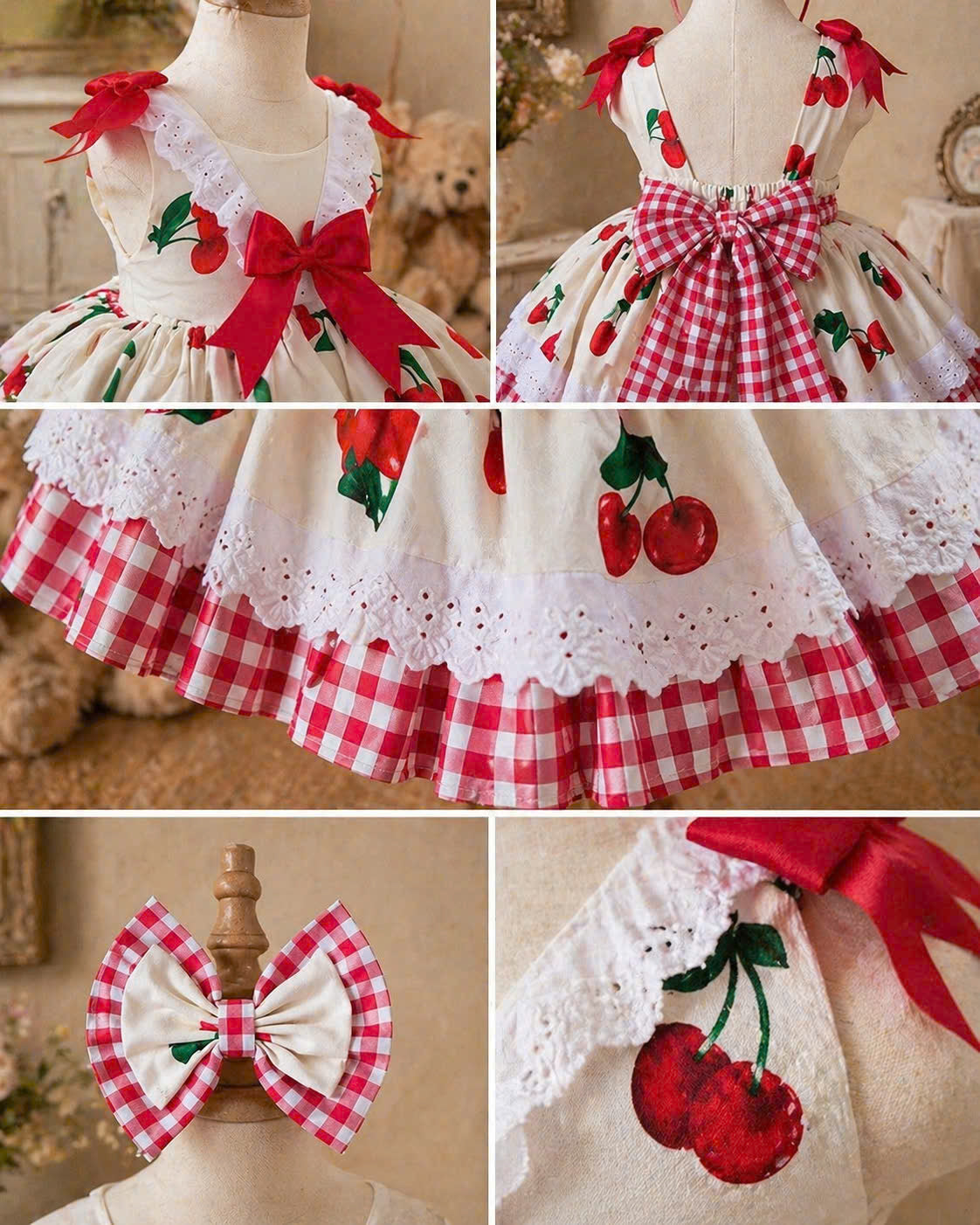 Cherry Blossom Lolita Dress 3M-5Y | Cherry Gingham Lace Baby Dress | Photoshoot & Party Outfit