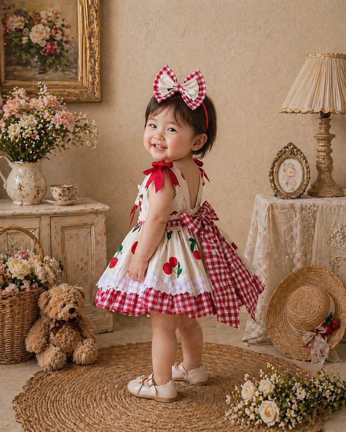 Cherry Blossom Lolita Dress 3M-5Y | Cherry Gingham Lace Baby Dress | Photoshoot & Party Outfit
