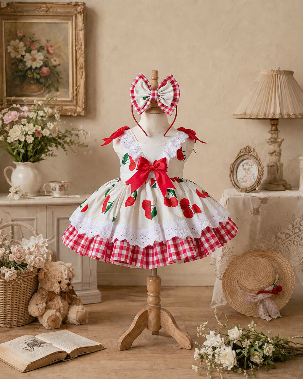 Cherry Blossom Lolita Dress 3M-5Y | Cherry Gingham Lace Baby Dress | Photoshoot & Party Outfit