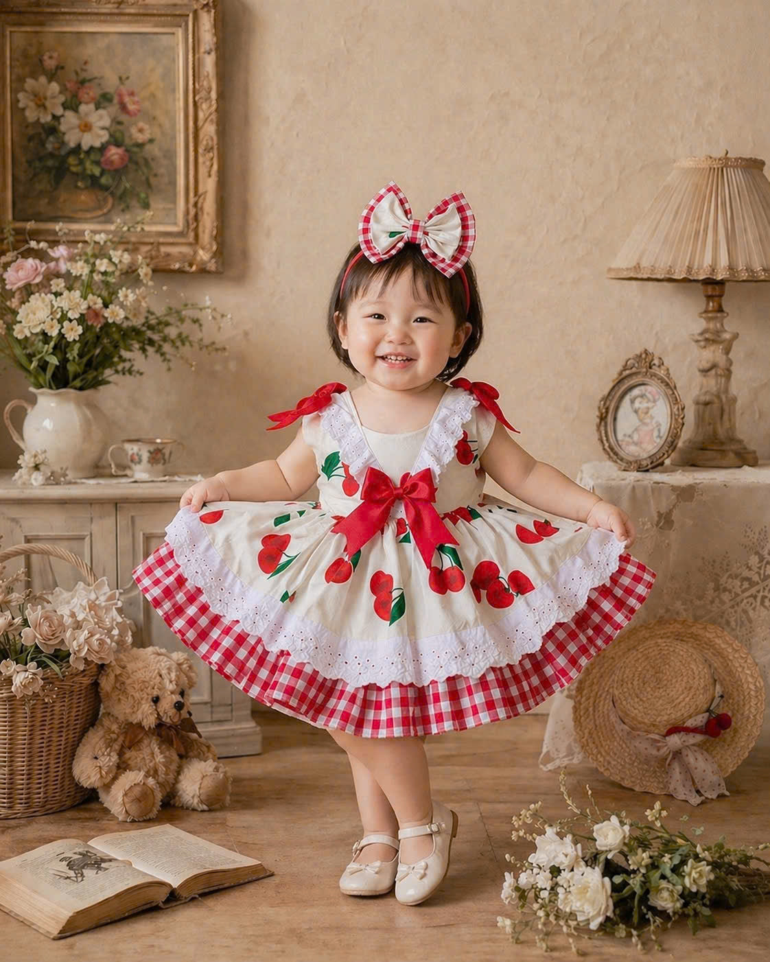 Cherry Blossom Lolita Dress 3M-5Y | Cherry Gingham Lace Baby Dress | Photoshoot & Party Outfit