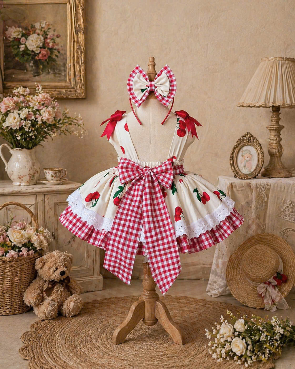 Cherry Blossom Lolita Dress 3M-5Y | Cherry Gingham Lace Baby Dress | Photoshoot & Party Outfit
