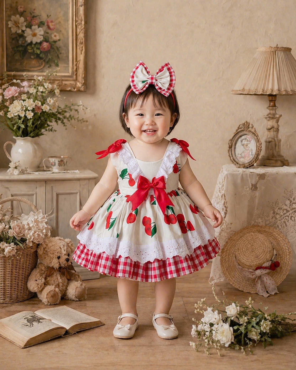 Cherry Blossom Lolita Dress 3M-5Y | Cherry Gingham Lace Baby Dress | Photoshoot & Party Outfit