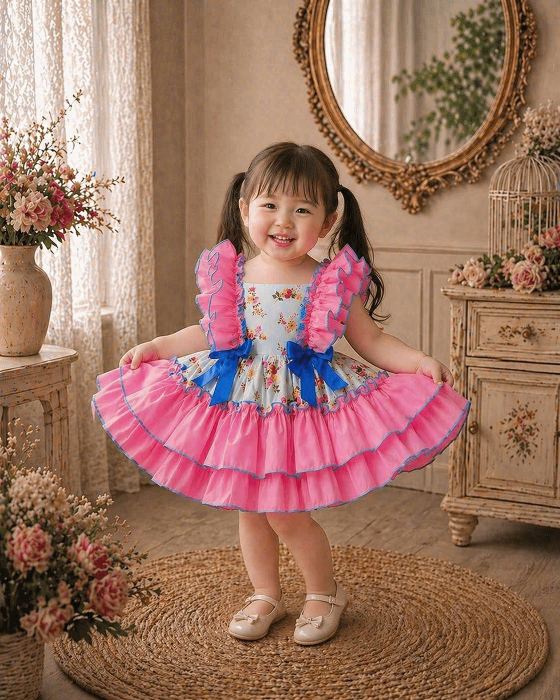 Seraphina Lolita Ruffle Dress Set NB-5Y | Floral Baby Dress with Bloomers & Headband | Photoshoot &amp; Party Outfit