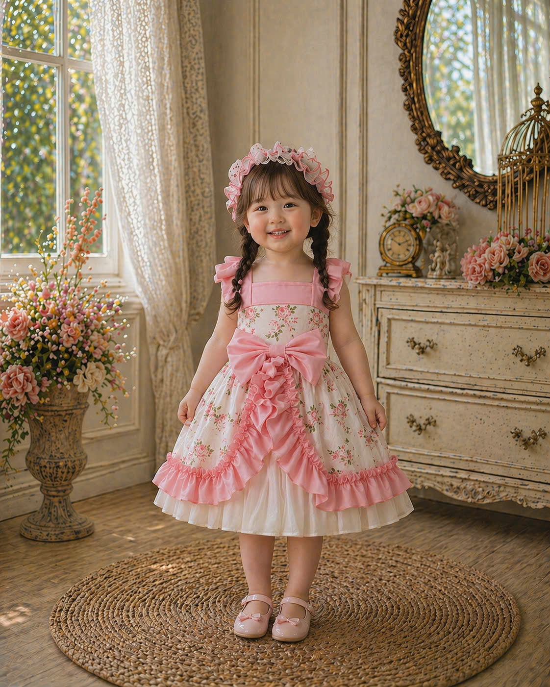 Blossom Pink Roses Baby Dress Set 3M–3Y | Floral Ruffle Dress with Bloomer | Photoshoot & Everyday Outfit