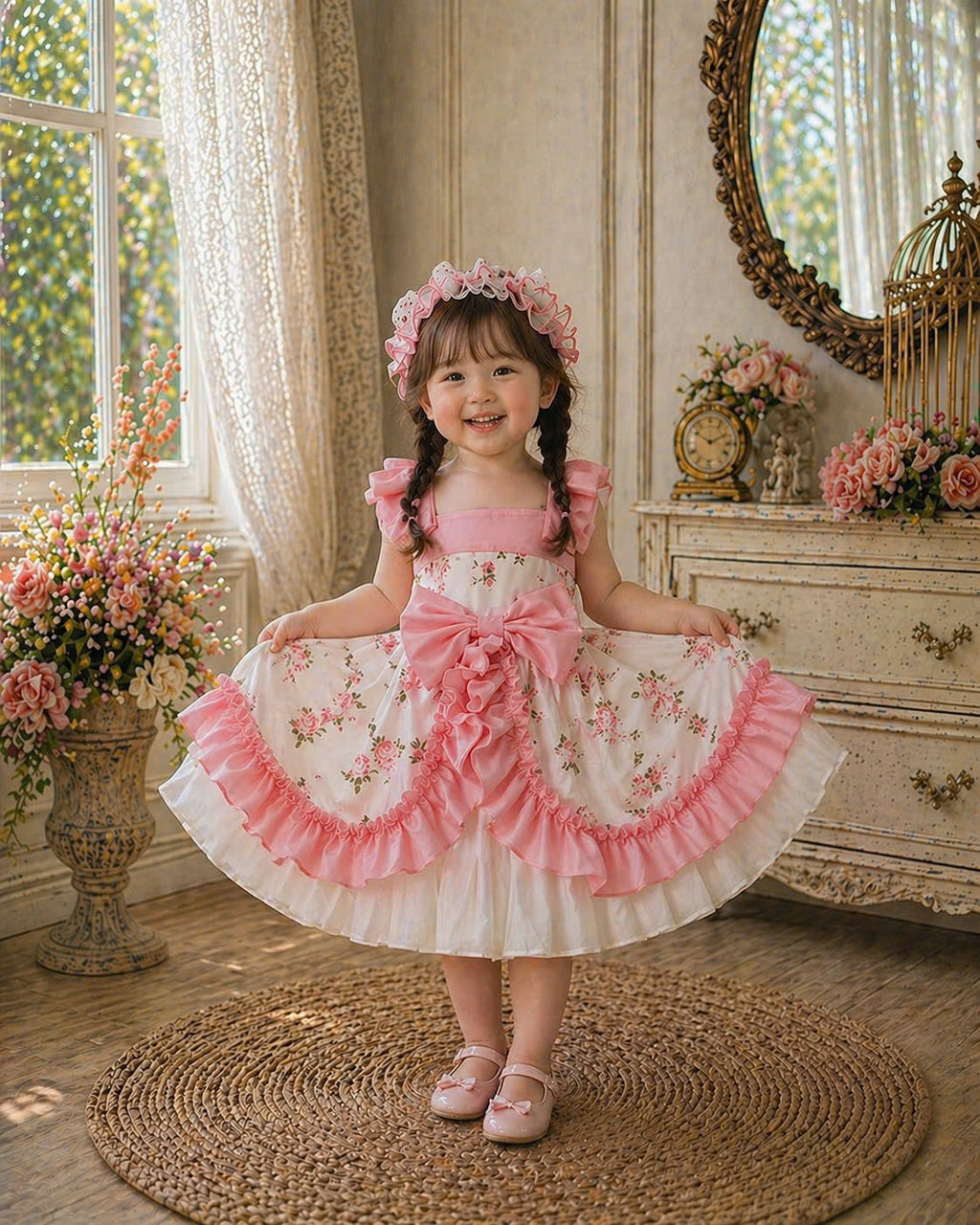 Blossom Pink Roses Baby Dress Set 3M–3Y | Floral Ruffle Dress with Bloomer | Photoshoot & Everyday Outfit