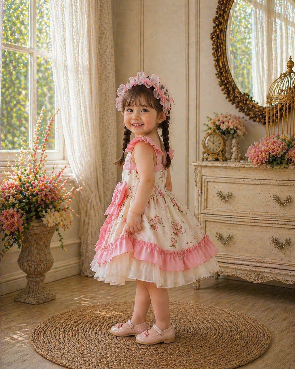 Blossom Pink Roses Baby Dress Set 3M–3Y | Floral Ruffle Dress with Bloomer | Photoshoot & Everyday Outfit