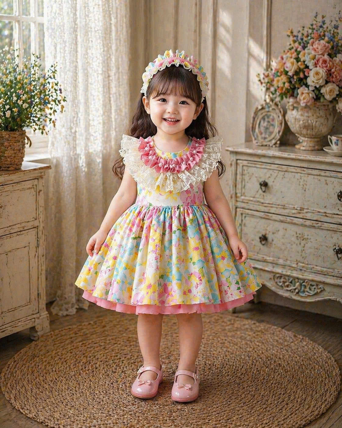 Pastel Bloom Lolita Dress NB-3Y | Floral Ruffle Baby Dress with Headband | Photoshoot & Party Outfit