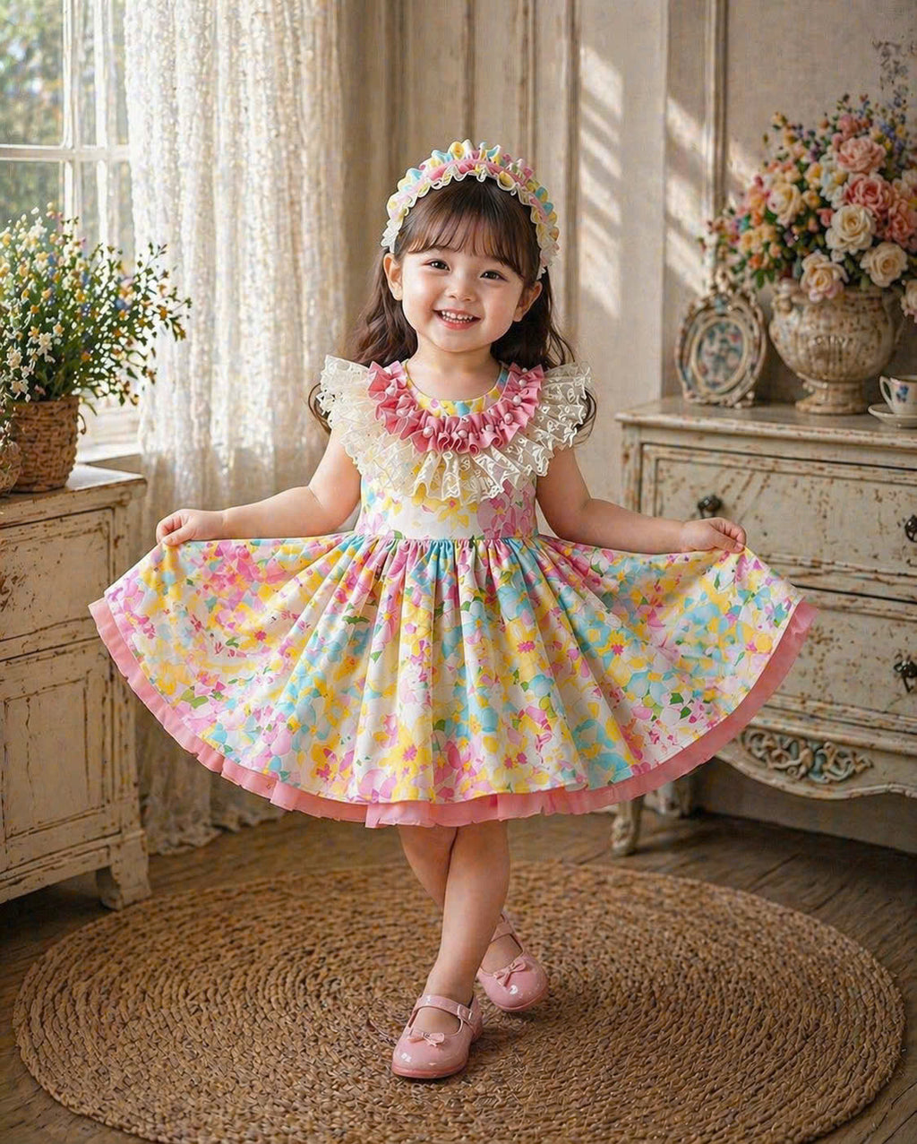 Pastel Bloom Lolita Dress NB-3Y | Floral Ruffle Baby Dress with Headband | Photoshoot & Party Outfit