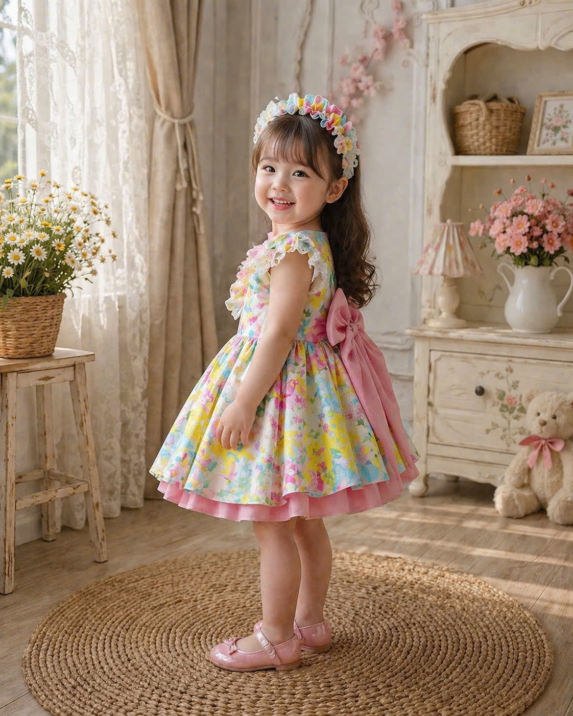 Pastel Bloom Lolita Dress NB-3Y | Floral Ruffle Baby Dress with Headband | Photoshoot & Party Outfit