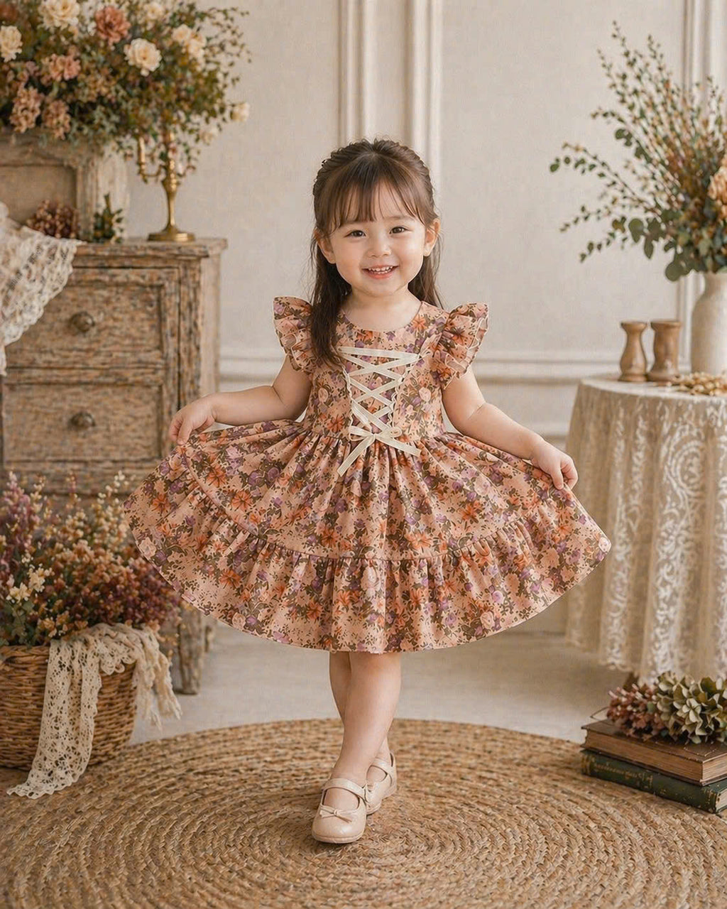 Vintage Floral Baby Dress 3M–3Y | Ruffle Cotton Dress with Headband | Spring Party & Photoshoot Outfit