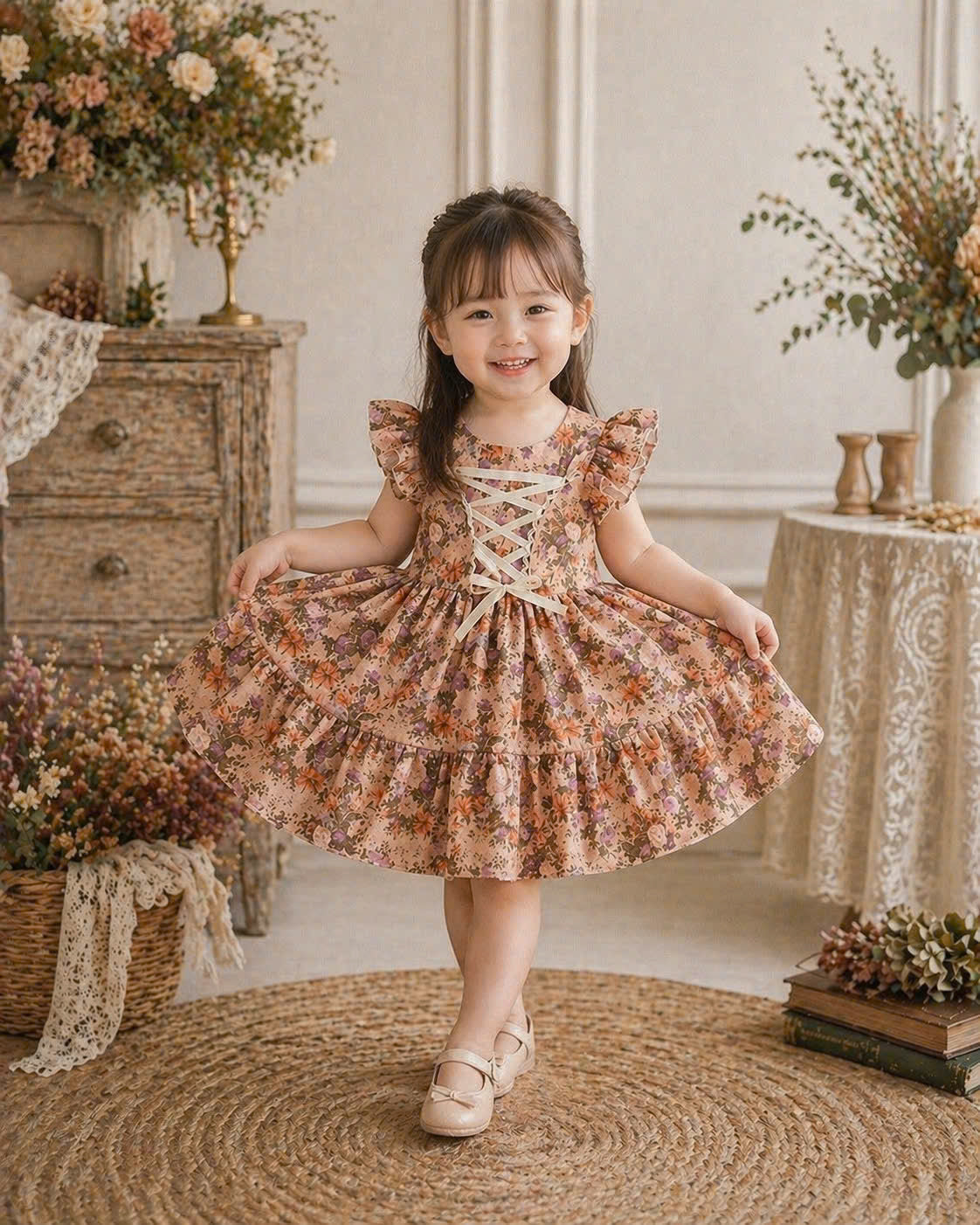Vintage Floral Baby Dress 3M–3Y | Ruffle Cotton Dress with Headband | Spring Party & Photoshoot Outfit