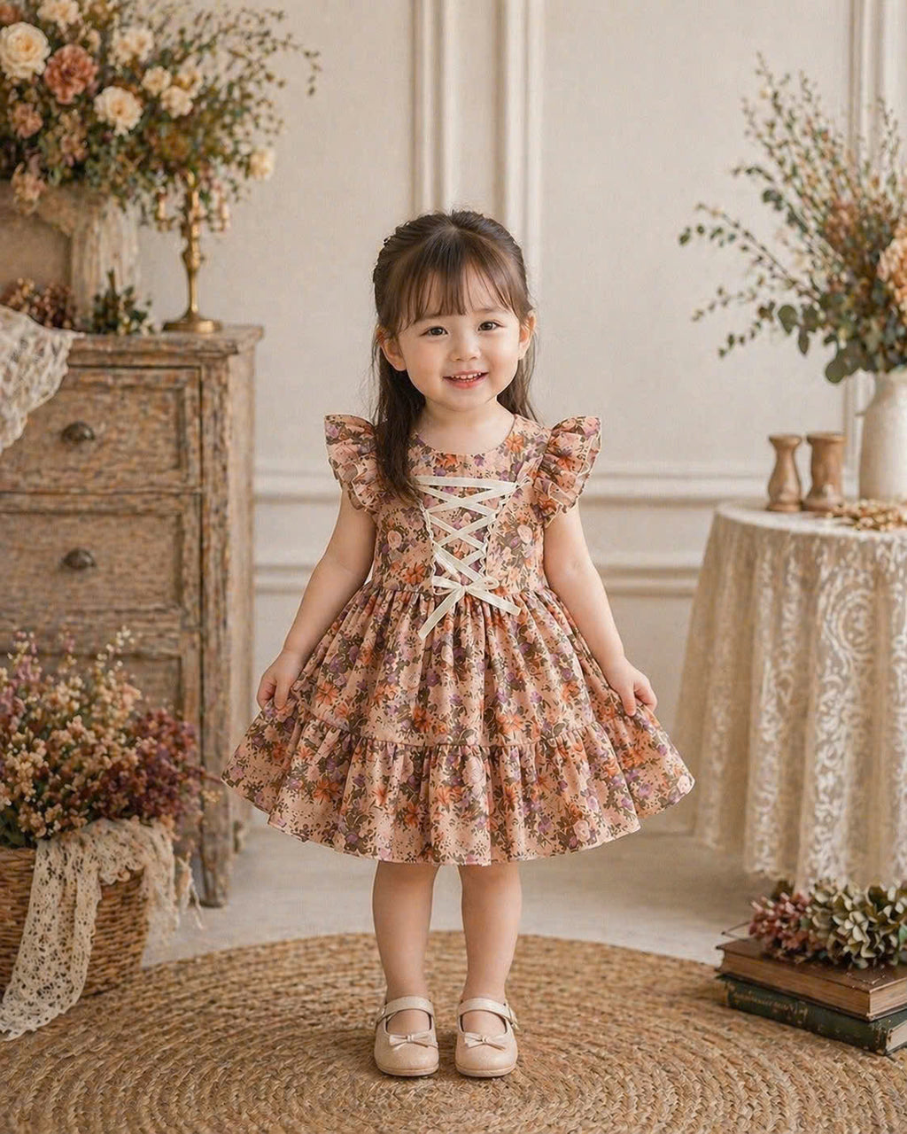 Vintage Floral Baby Dress 3M–3Y | Ruffle Cotton Dress with Headband | Spring Party & Photoshoot Outfit
