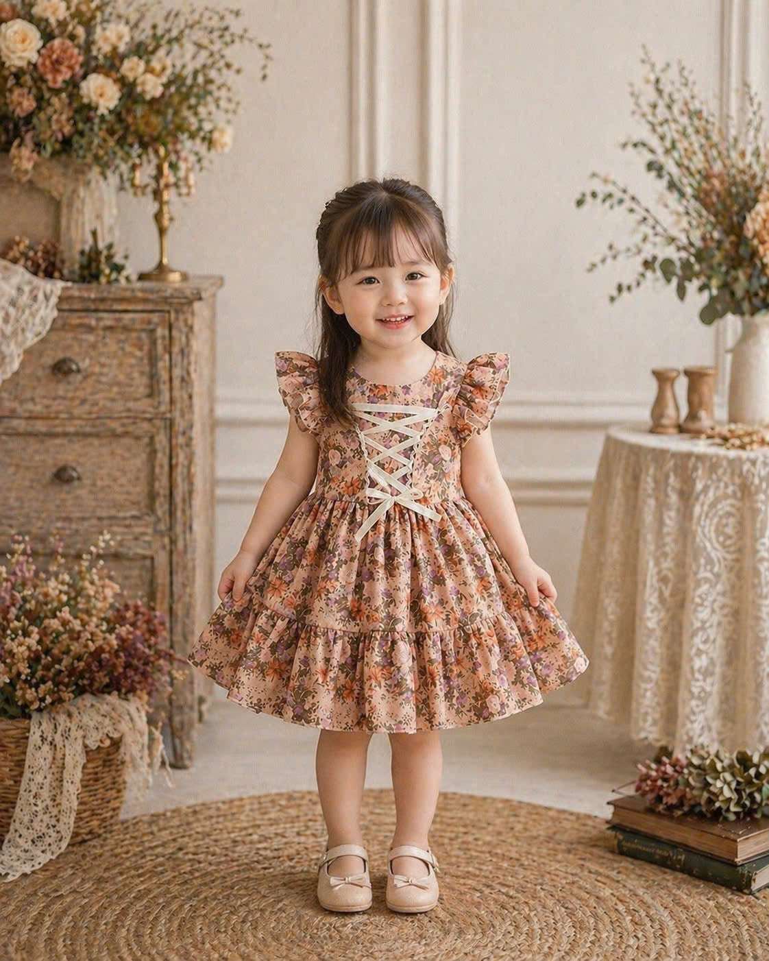 Vintage Floral Baby Dress 3M–3Y | Ruffle Cotton Dress with Headband | Spring Party & Photoshoot Outfit