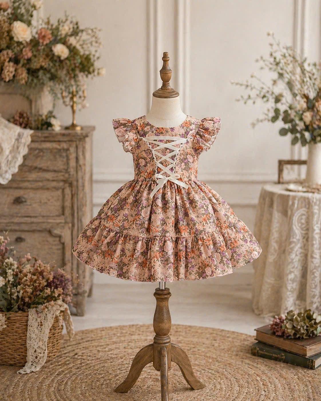 Vintage Floral Baby Dress 3M–3Y | Ruffle Cotton Dress with Headband | Spring Party & Photoshoot Outfit