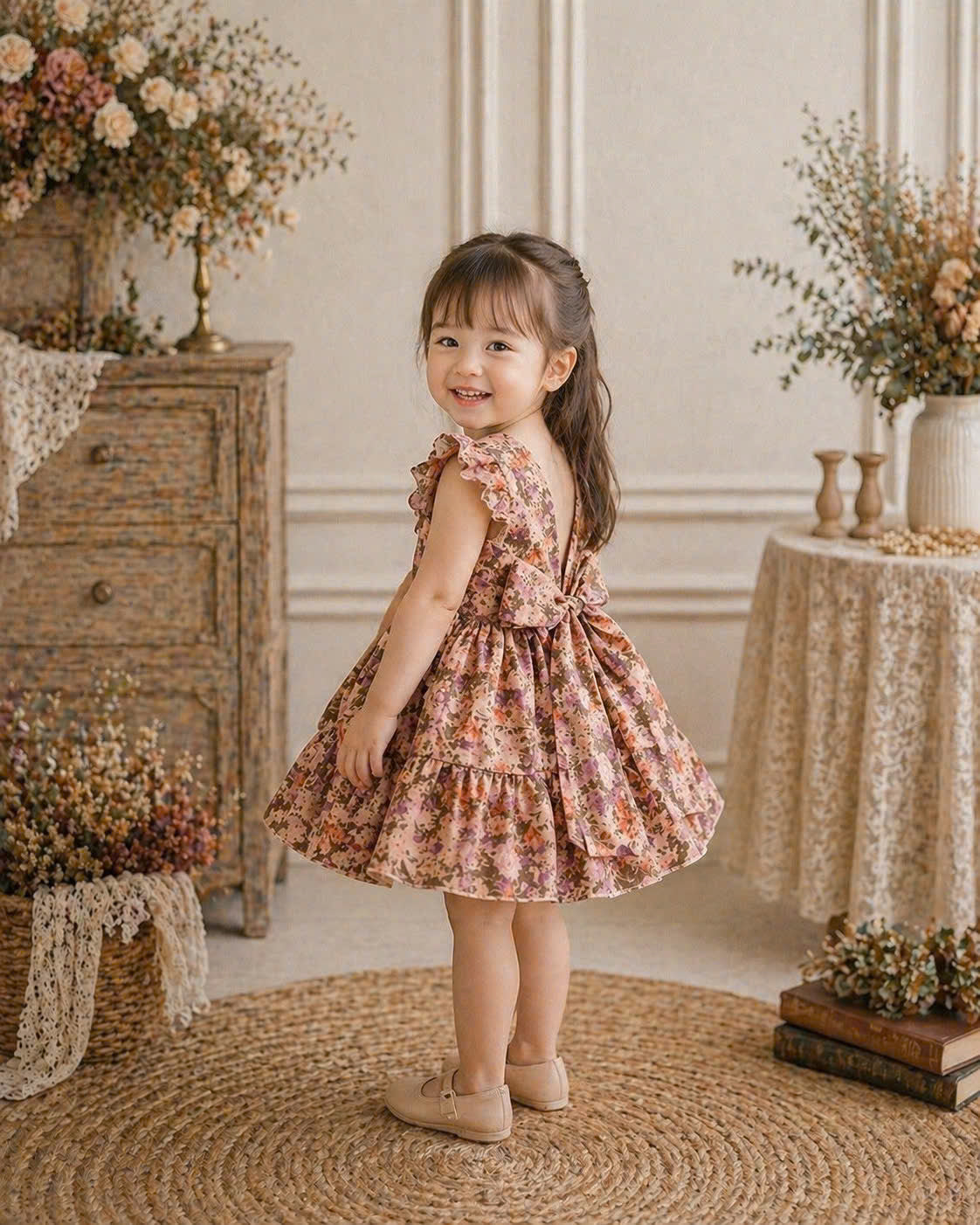 Vintage Floral Baby Dress 3M–3Y | Ruffle Cotton Dress with Headband | Spring Party & Photoshoot Outfit
