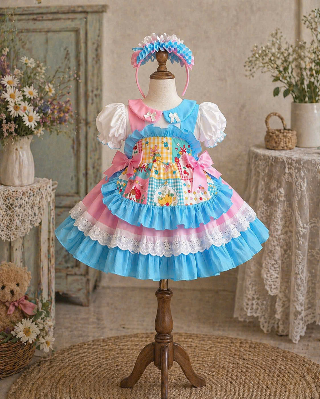 Patchwork Princess Dress Set NB–5Y | Apron Style Girls Dress with Headband | Birthday & Photoshoot Outfit
