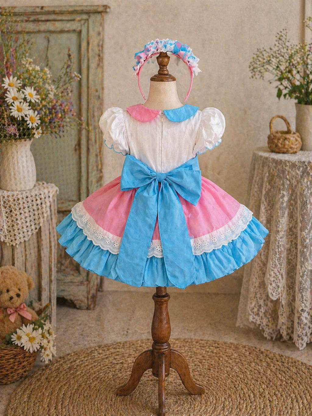 Patchwork Princess Dress Set NB–5Y | Apron Style Girls Dress with Headband | Birthday & Photoshoot Outfit