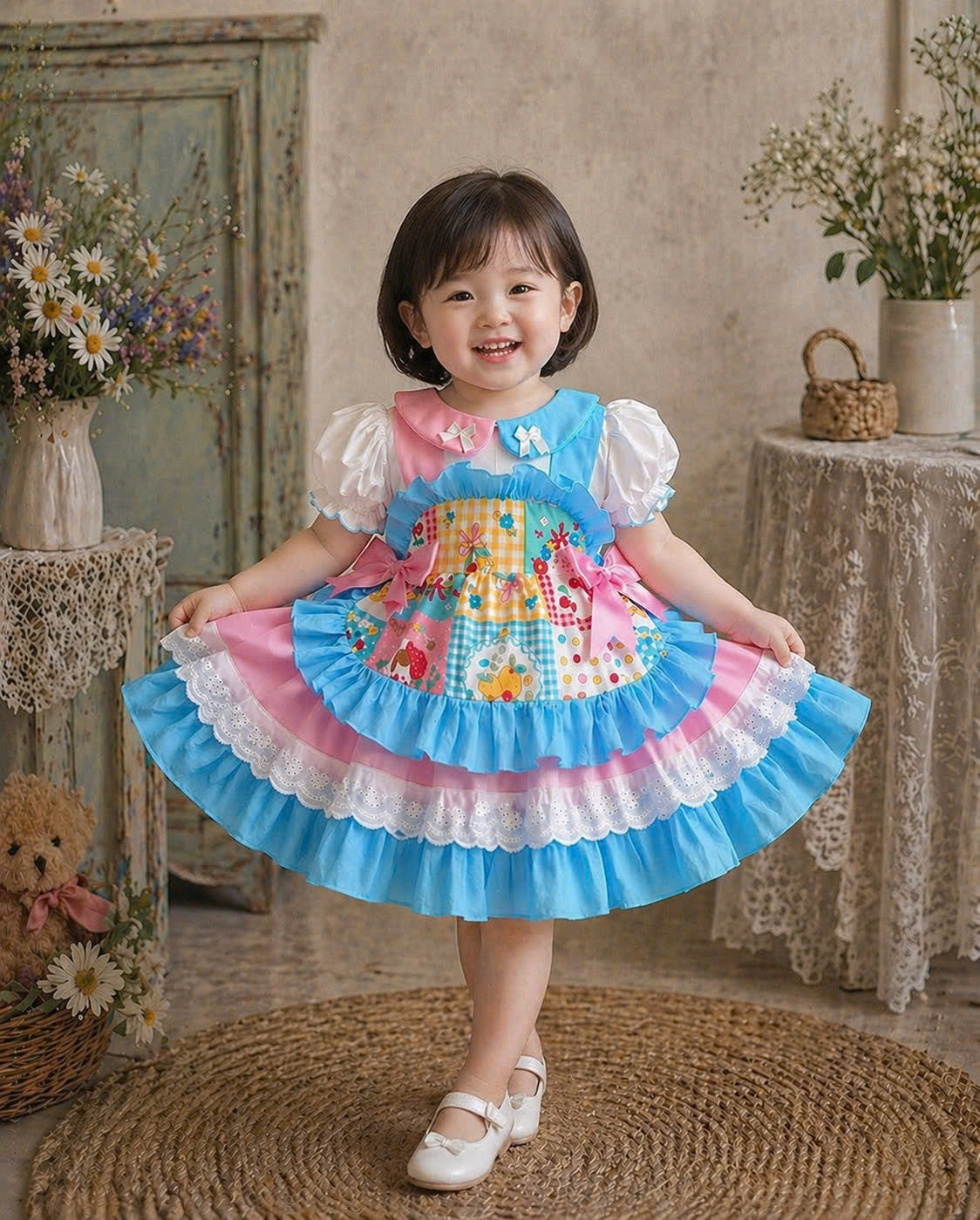 Patchwork Princess Dress Set NB–5Y | Apron Style Girls Dress with Headband | Birthday & Photoshoot Outfit