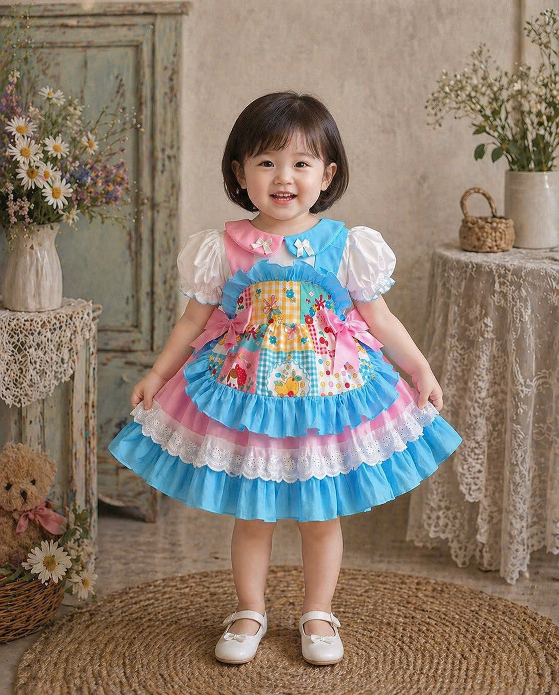 Patchwork Princess Dress Set NB–5Y | Apron Style Girls Dress with Headband | Birthday & Photoshoot Outfit