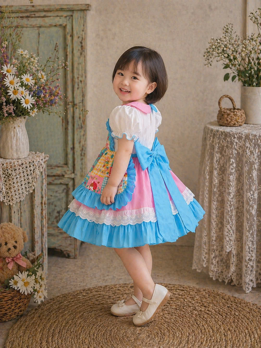 Patchwork Princess Dress Set NB–5Y | Apron Style Girls Dress with Headband | Birthday & Photoshoot Outfit