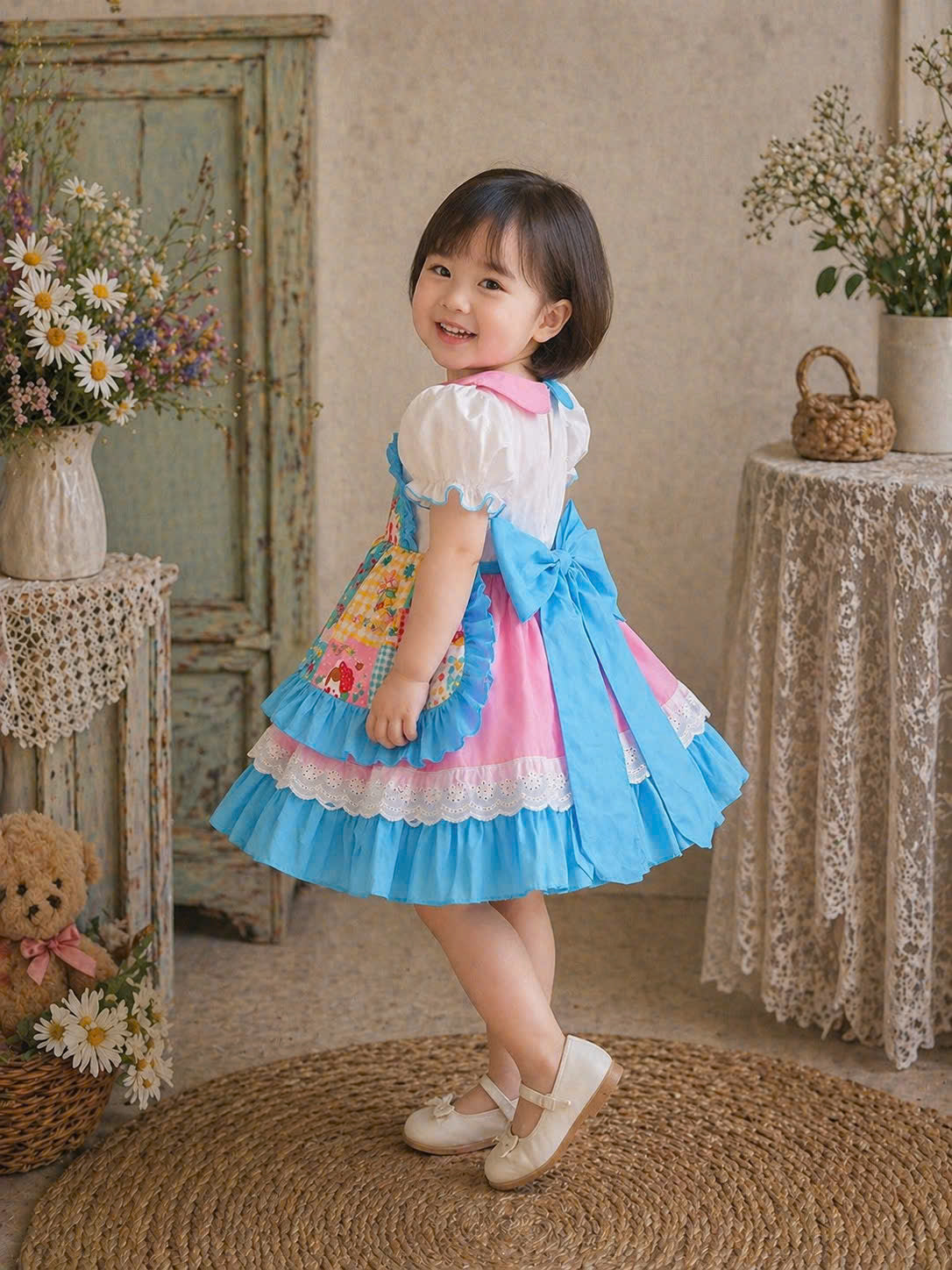 Patchwork Princess Dress Set NB–5Y | Apron Style Girls Dress with Headband | Birthday & Photoshoot Outfit