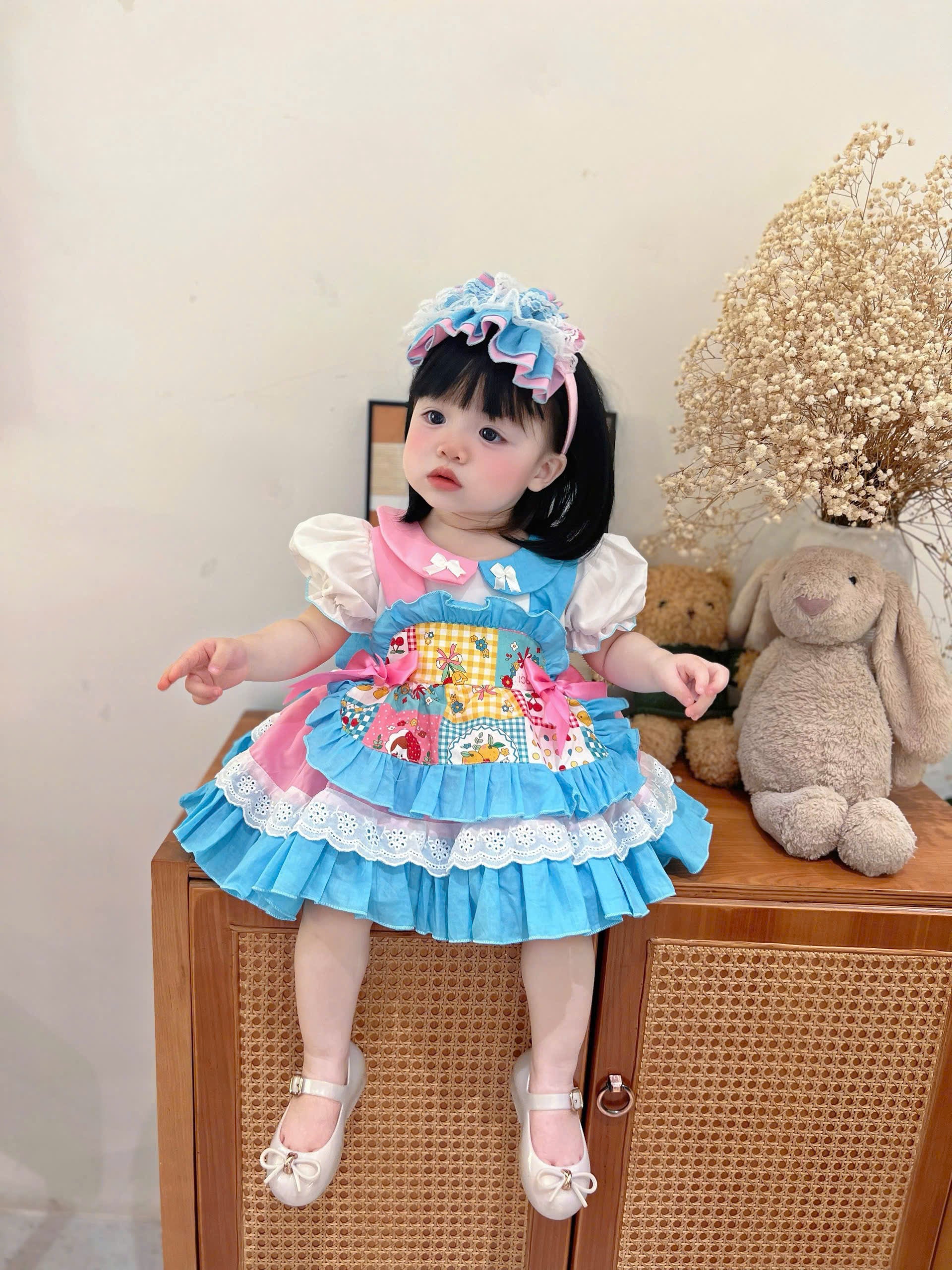 Patchwork Princess Dress Set NB–5Y | Apron Style Girls Dress with Headband | Birthday & Photoshoot Outfit