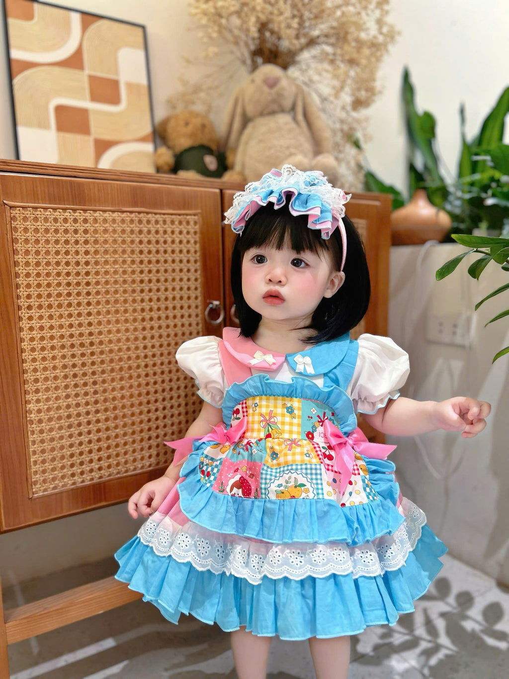 Patchwork Princess Dress Set NB–5Y | Apron Style Girls Dress with Headband | Birthday & Photoshoot Outfit