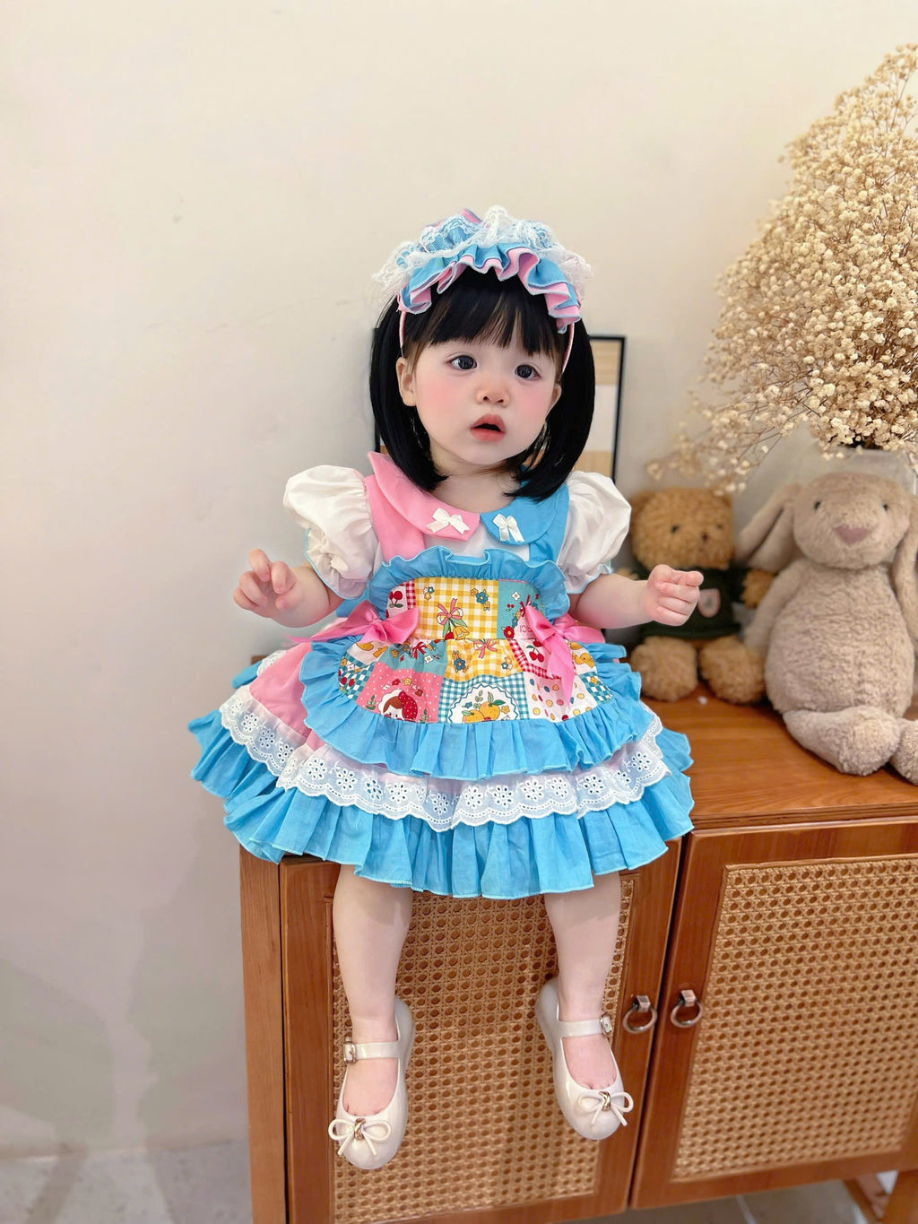 Patchwork Princess Dress Set NB–5Y | Apron Style Girls Dress with Headband | Birthday & Photoshoot Outfit