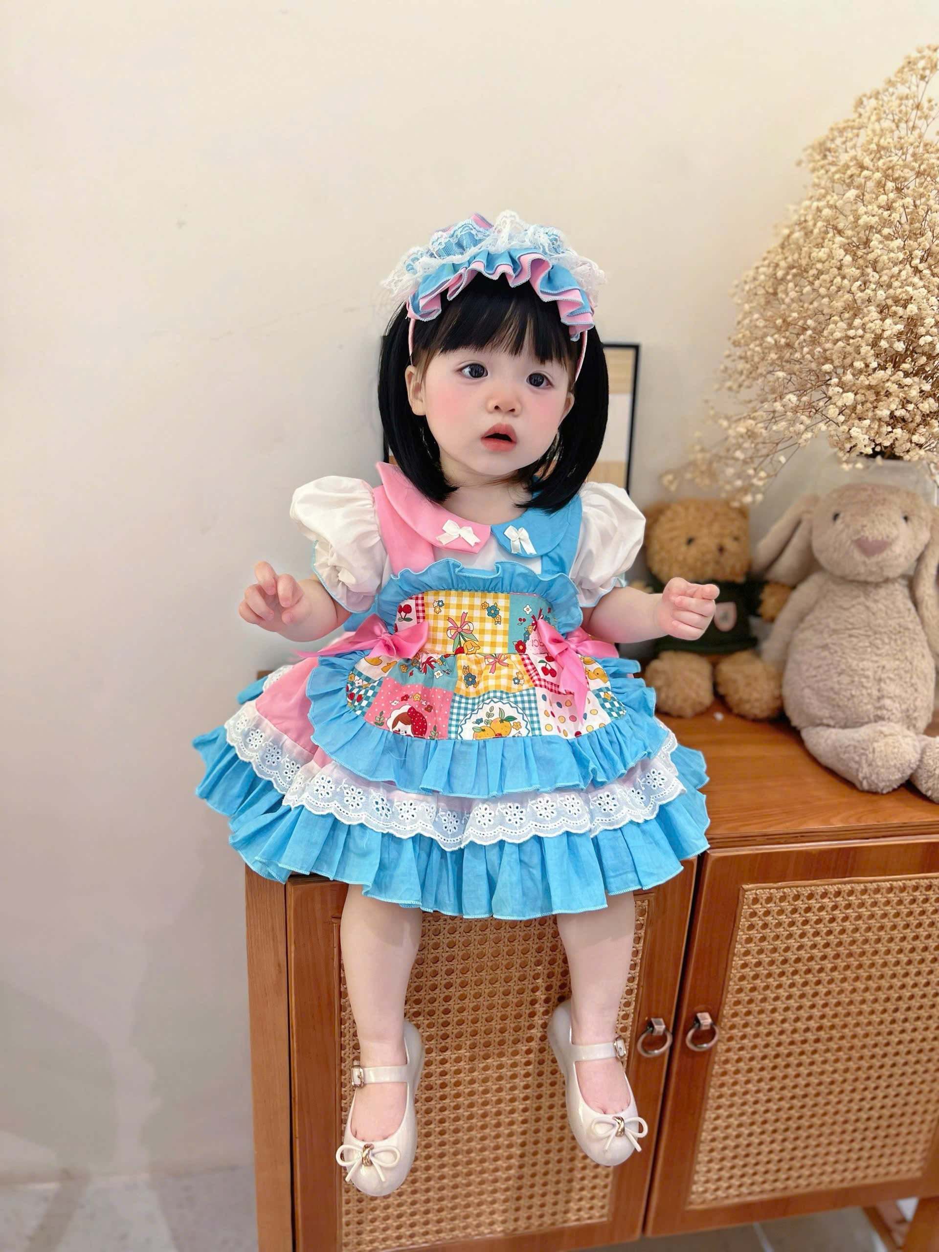 Patchwork Princess Dress Set NB–5Y | Apron Style Girls Dress with Headband | Birthday & Photoshoot Outfit