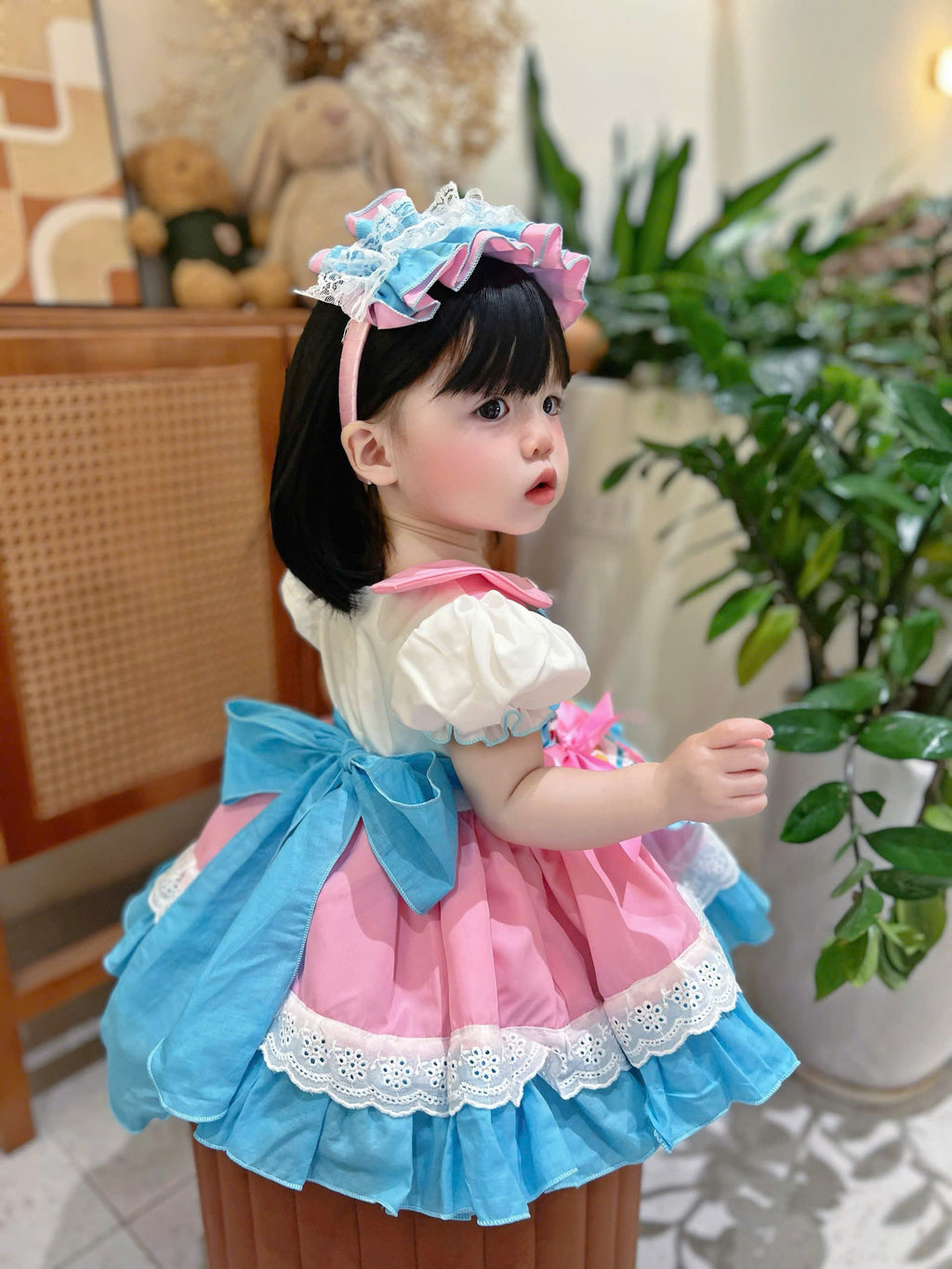 Patchwork Princess Dress Set NB–5Y | Apron Style Girls Dress with Headband | Birthday & Photoshoot Outfit