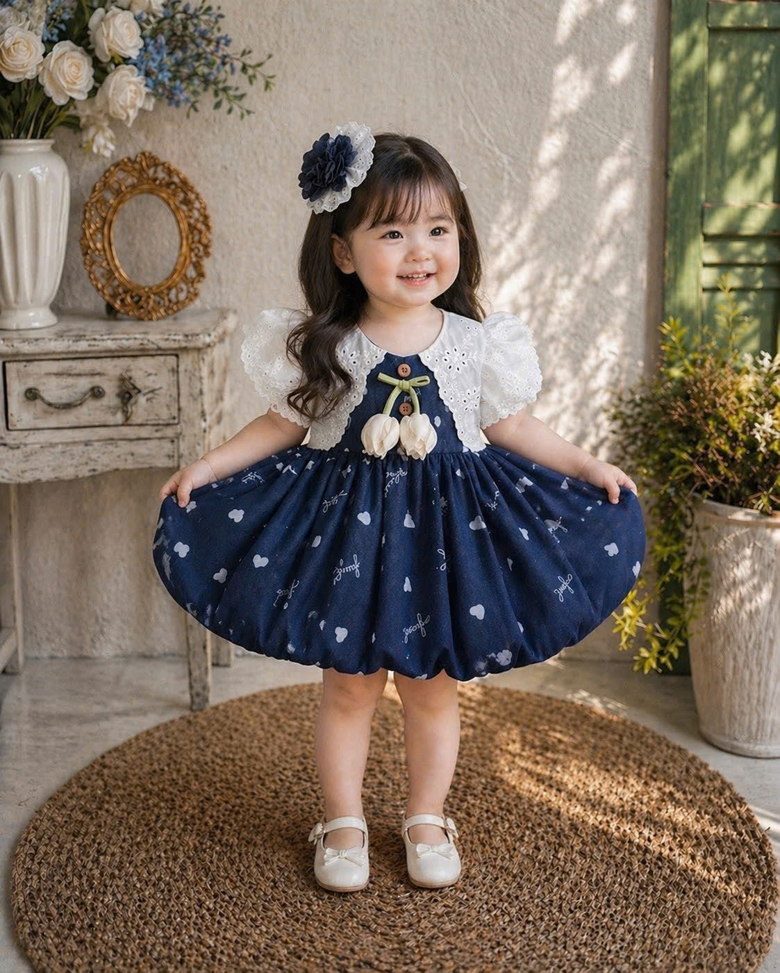 Tulip Cardigan Look Dress NB-5Y | Lolita Baby Dress with Lace Sleeves | Photoshoot & Party Outfit