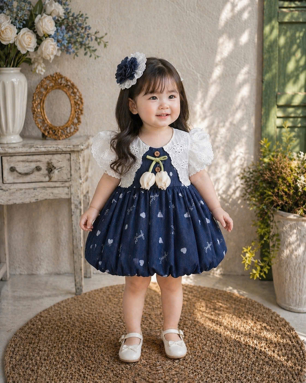 Tulip Cardigan Look Dress NB-5Y | Lolita Baby Dress with Lace Sleeves | Photoshoot & Party Outfit