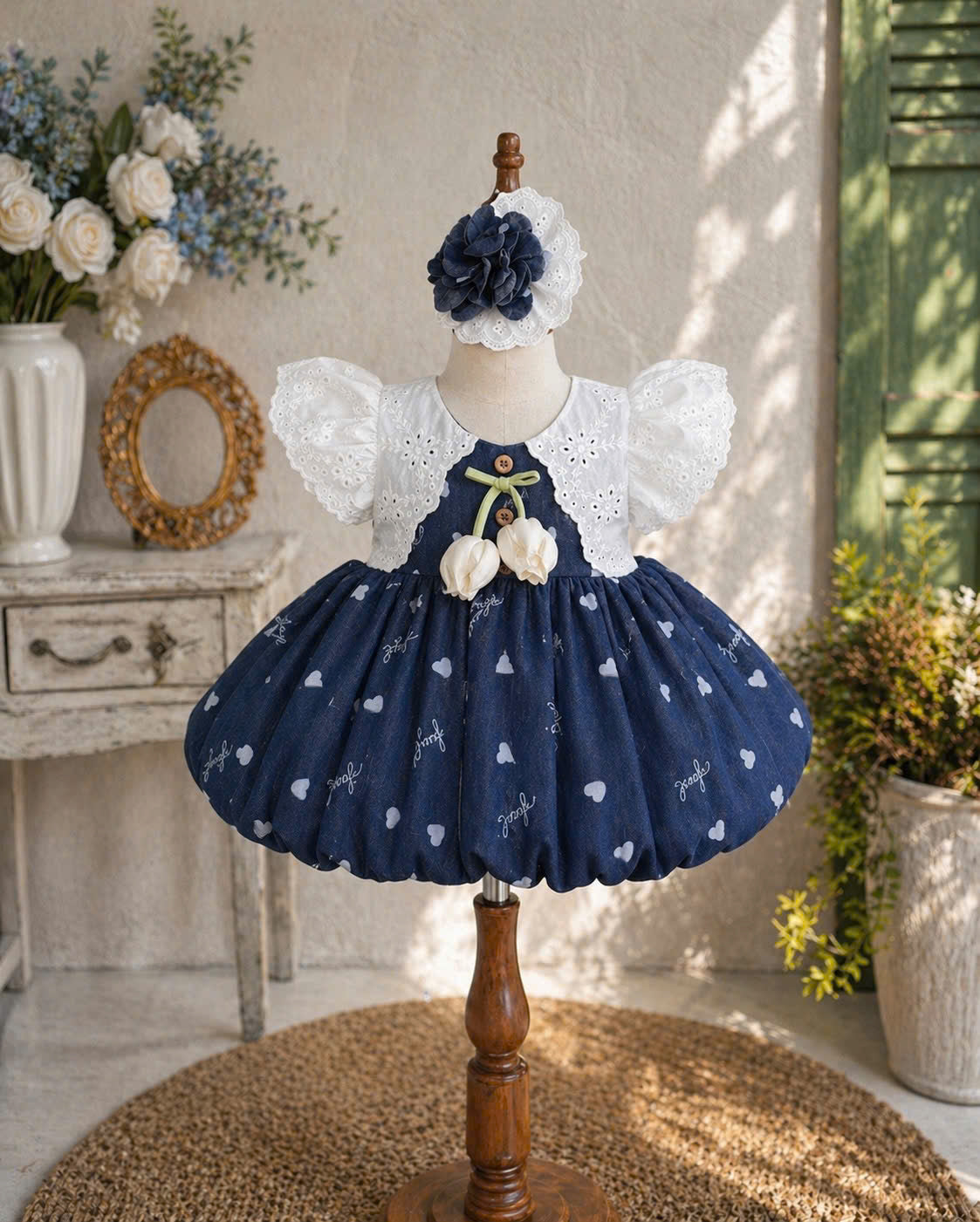 Tulip Cardigan Look Dress NB-5Y | Lolita Baby Dress with Lace Sleeves | Photoshoot & Party Outfit