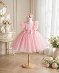Prettiest Blush Dress 3M–2Y | Pearl Tulle Baby Dress with Bow | Birthday & Photoshoot Outfit