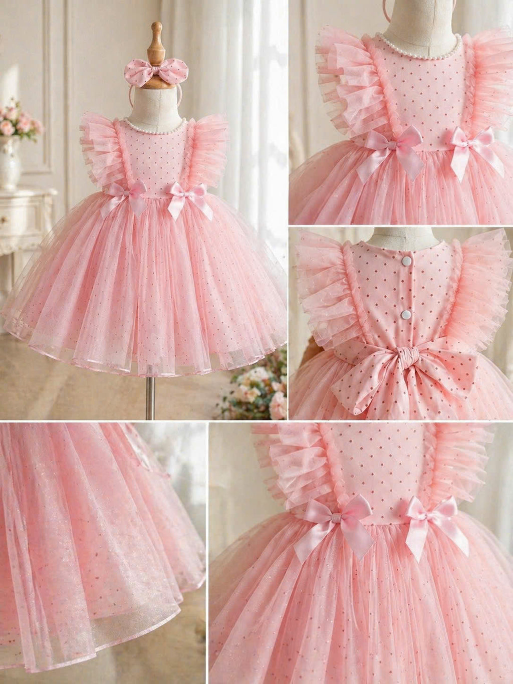 Prettiest Blush Dress 3M–2Y | Pearl Tulle Baby Dress with Bow | Birthday & Photoshoot Outfit