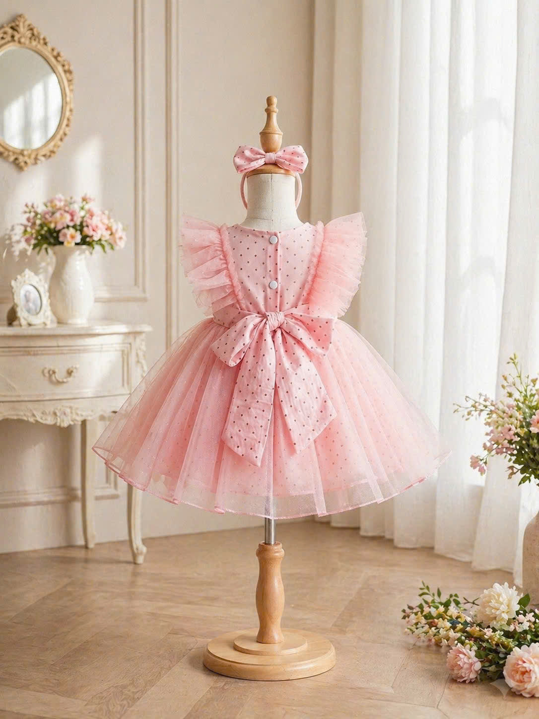 Prettiest Blush Dress 3M–2Y | Pearl Tulle Baby Dress with Bow | Birthday & Photoshoot Outfit