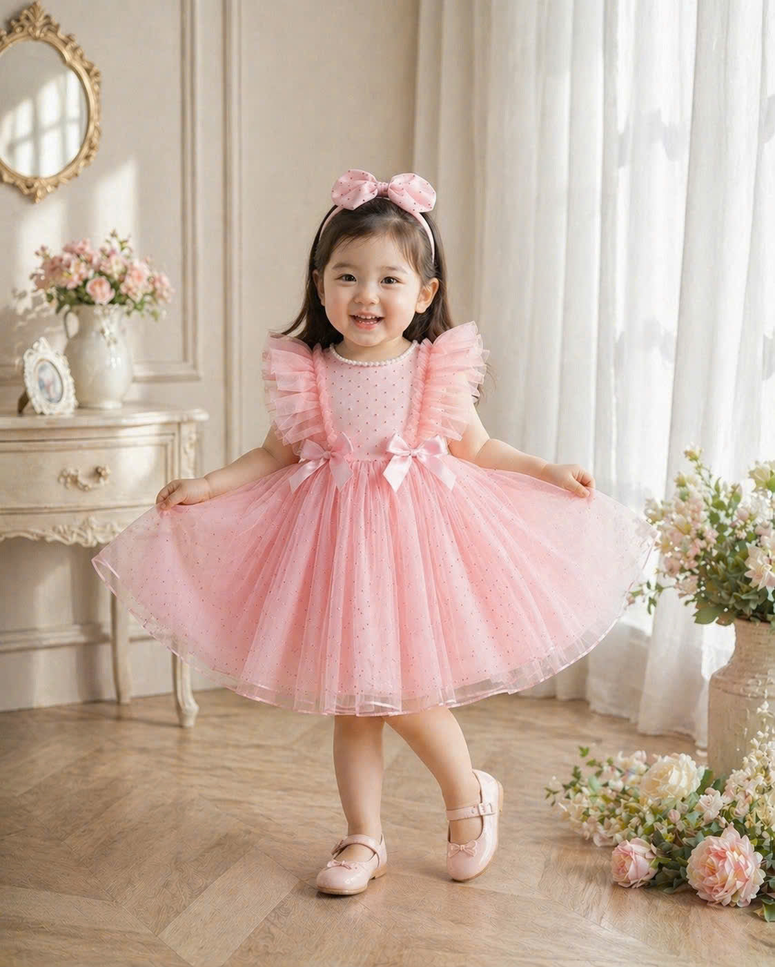 Prettiest Blush Dress 3M–2Y | Pearl Tulle Baby Dress with Bow | Birthday & Photoshoot Outfit
