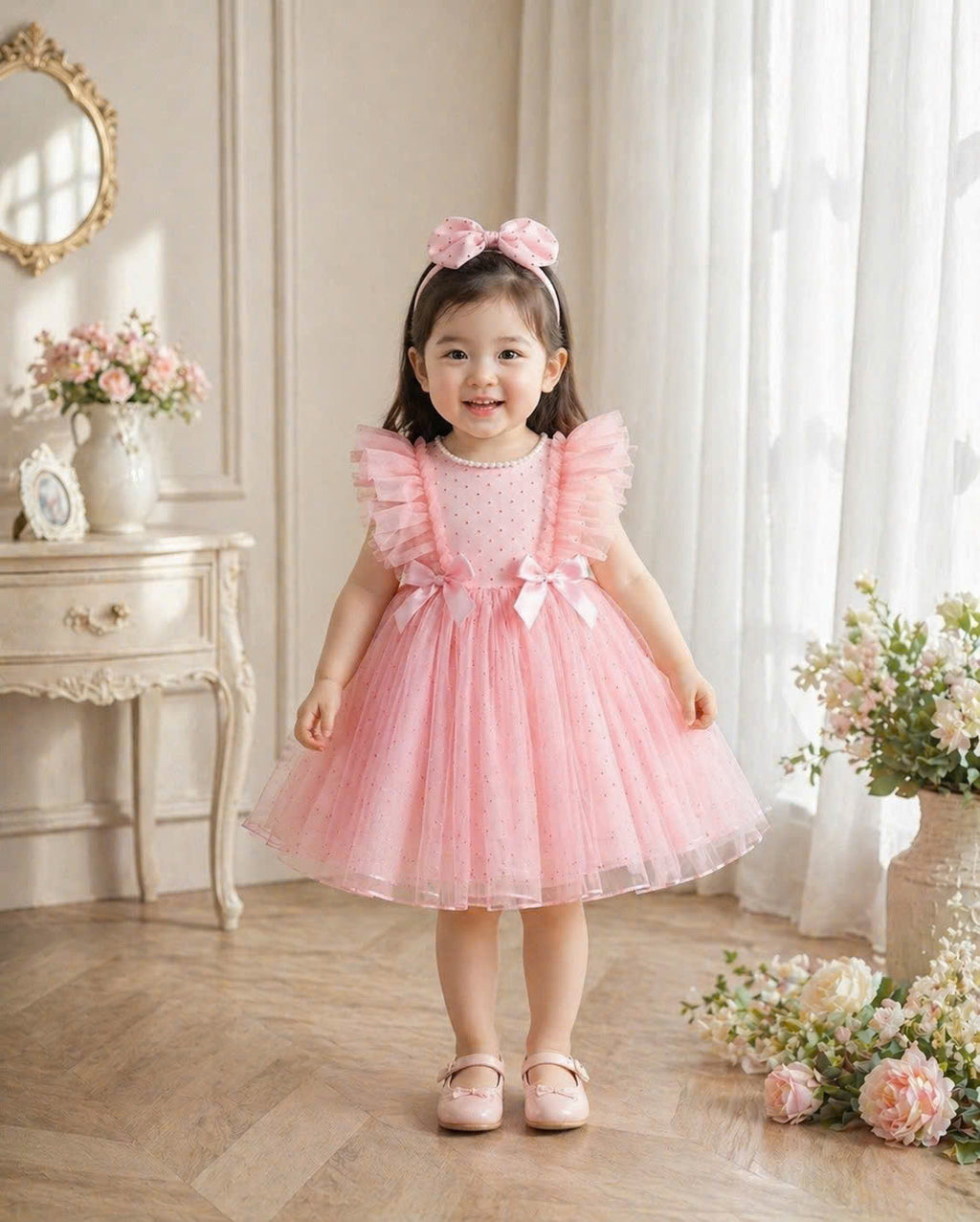 Prettiest Blush Dress 3M–2Y | Pearl Tulle Baby Dress with Bow | Birthday & Photoshoot Outfit