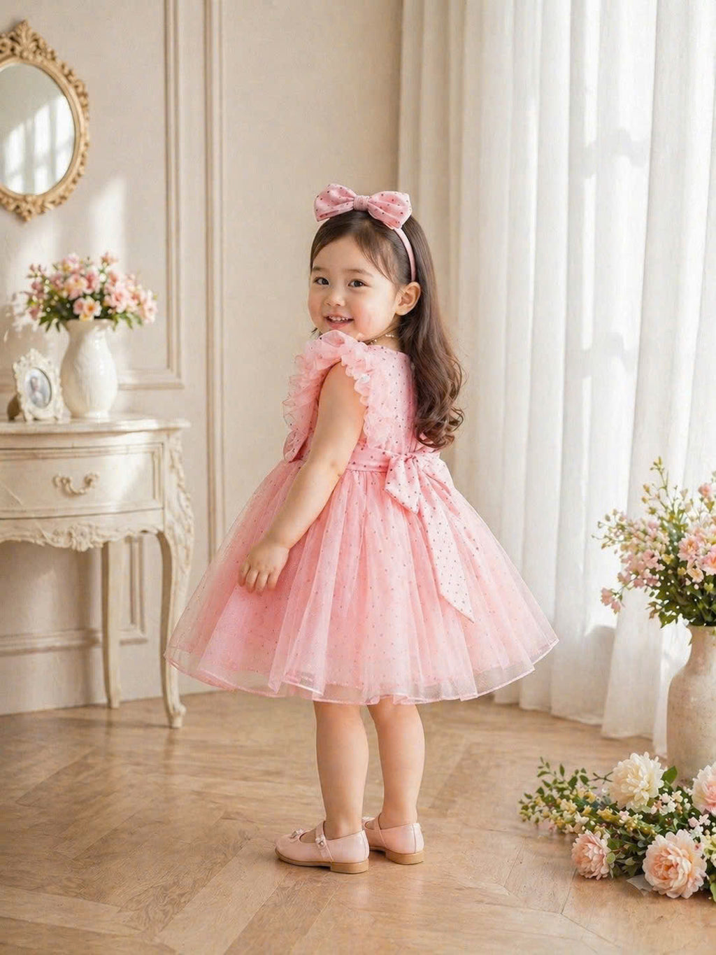 Prettiest Blush Dress 3M–2Y | Pearl Tulle Baby Dress with Bow | Birthday & Photoshoot Outfit